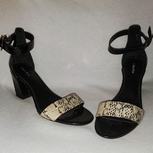Calvin Klein Caliana Snake Pattern Opened Toe Block Heel Sandals
